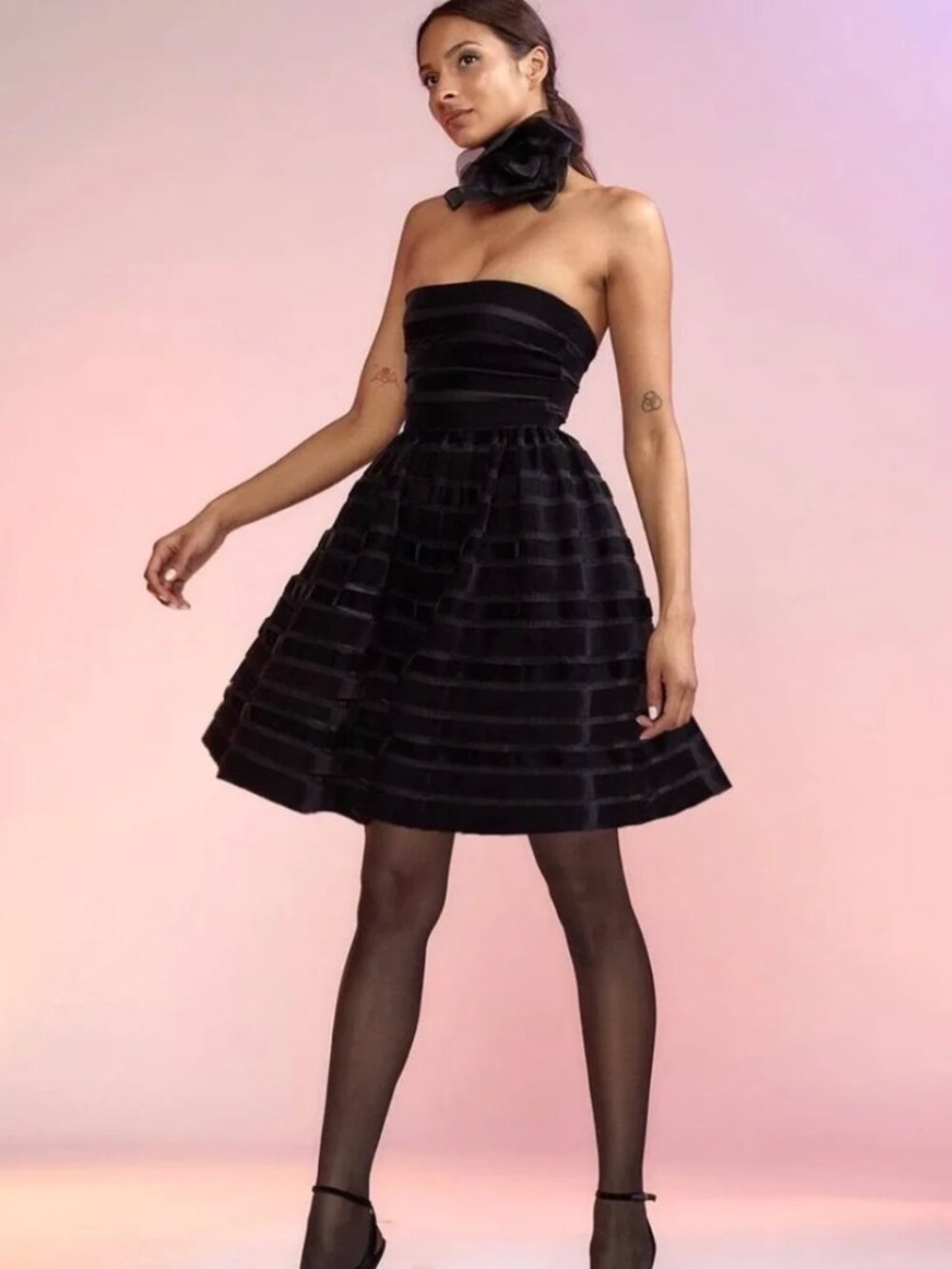 Cynthia Rowley Velvet Ribbon Mesh Strapless Dress